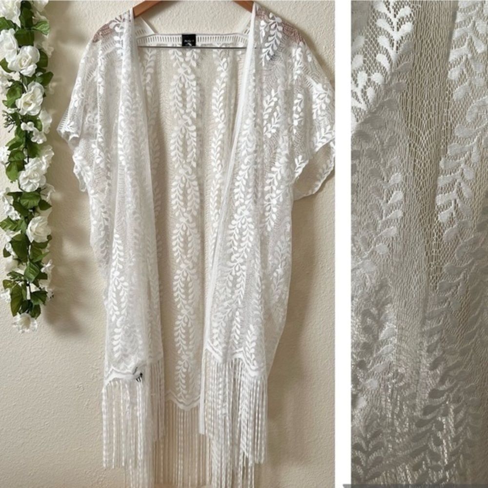 Women’s Black White Floral Fringe Cardigan Duster Kimono Swimsuit Coverup